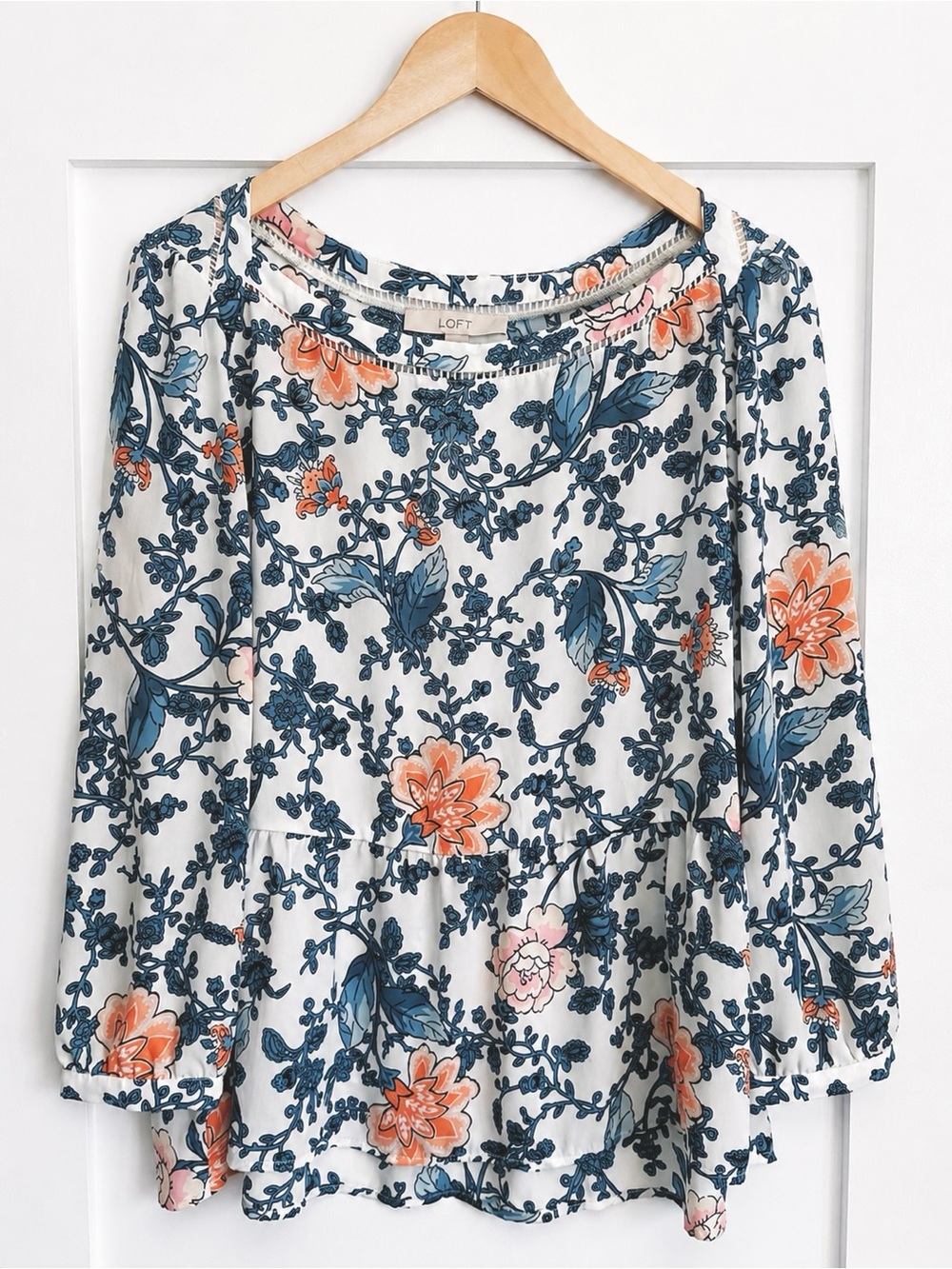 LOFT Flowy Long Sleeve Peplum Blouse Size Large with Blue & Coral Floral Print